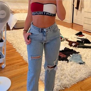 pretty little thing mom jeans dark denim wash with rips
